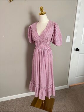 Vineyard Vines Pink Stripe Smocked Puff Sleeve Midi Dress V-Neck Tiered XS